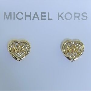 NEW Michael Kors Gold Tone Logo Over Crystal Pave Center Heart Stud Earrings